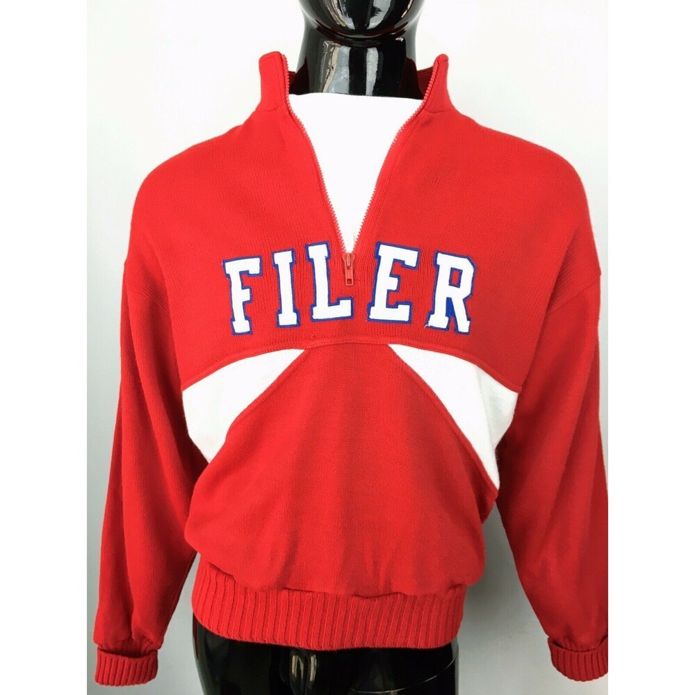 Dehen Men's Red/White Embroidered Pullover Vintage Varsity "Filer" Sweater large